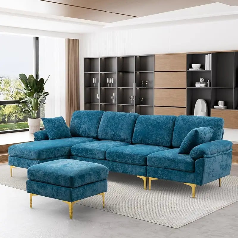 Emerald Green Velvet Sectional Sofa with Ottoman