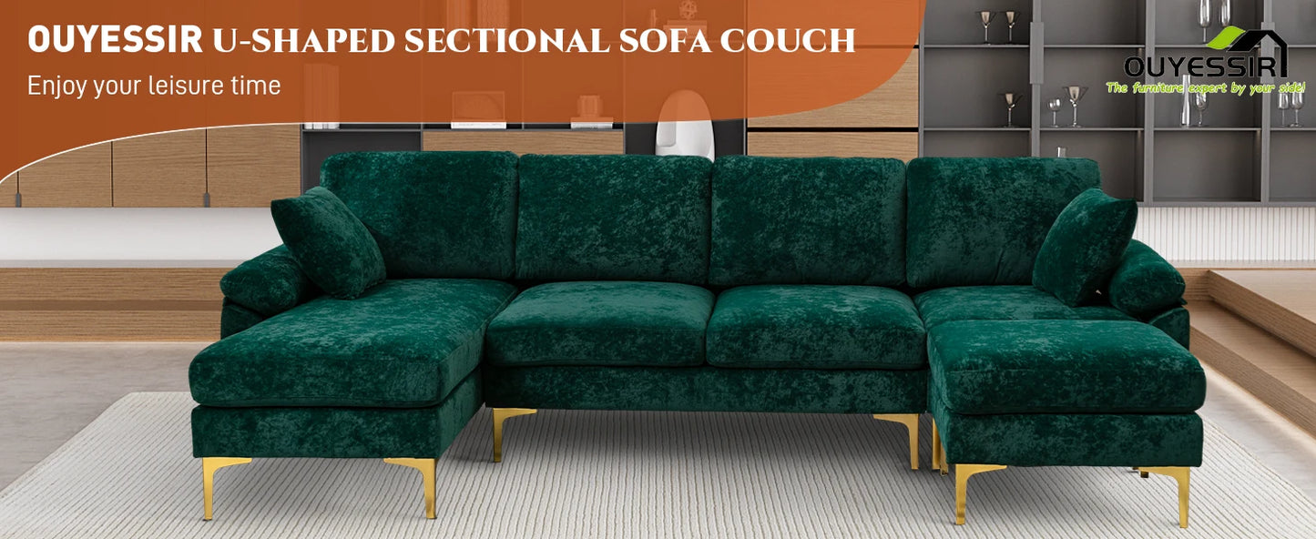 Emerald Green Velvet Sectional Sofa with Ottoman