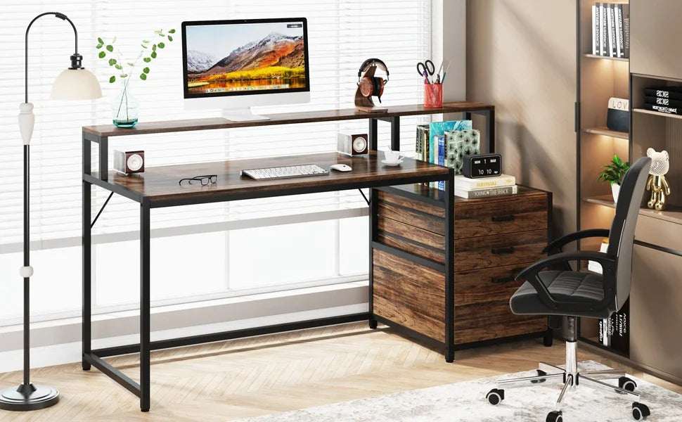 Desk with Monitor Shelf and 3-Drawer Storage Cabinet