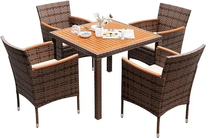 Patio Conversation Set with Acacia Wood Top, Rattan Outdoor Dining Table and Chairs for Backyard, Garden, Deck