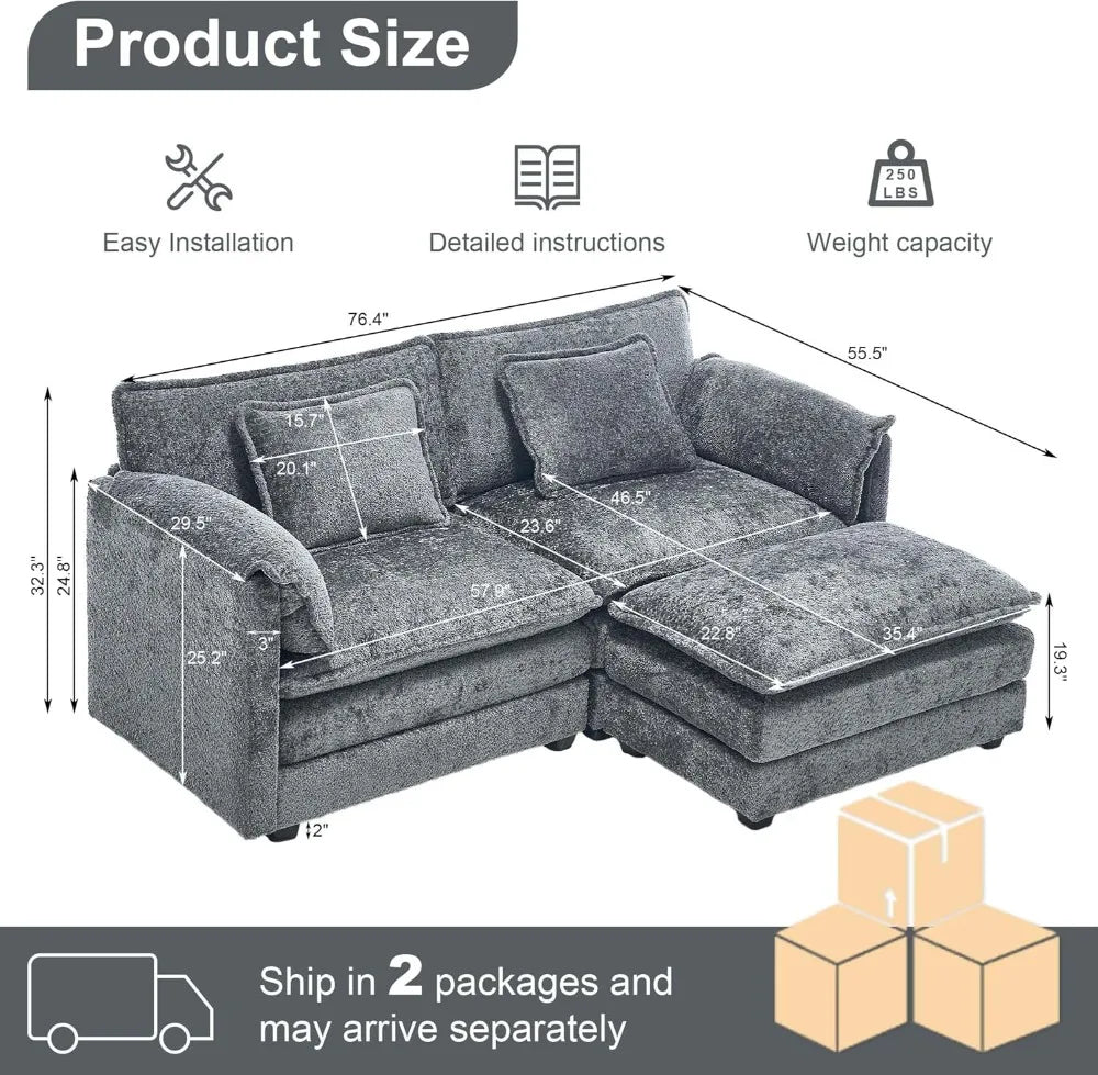 Chenille deep seat loveseat Sofa, Comfy Modular L Shaped Sofa for Living Room Bedroom Apartment, Gray