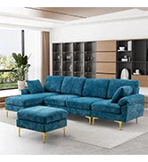 Emerald Green Velvet Sectional Sofa with Ottoman