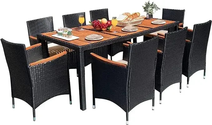 Patio Conversation Set with Acacia Wood Top, Rattan Outdoor Dining Table and Chairs for Backyard, Garden, Deck