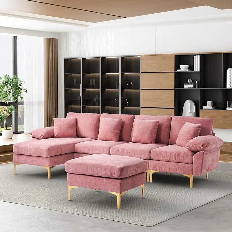 Emerald Green Velvet Sectional Sofa with Ottoman