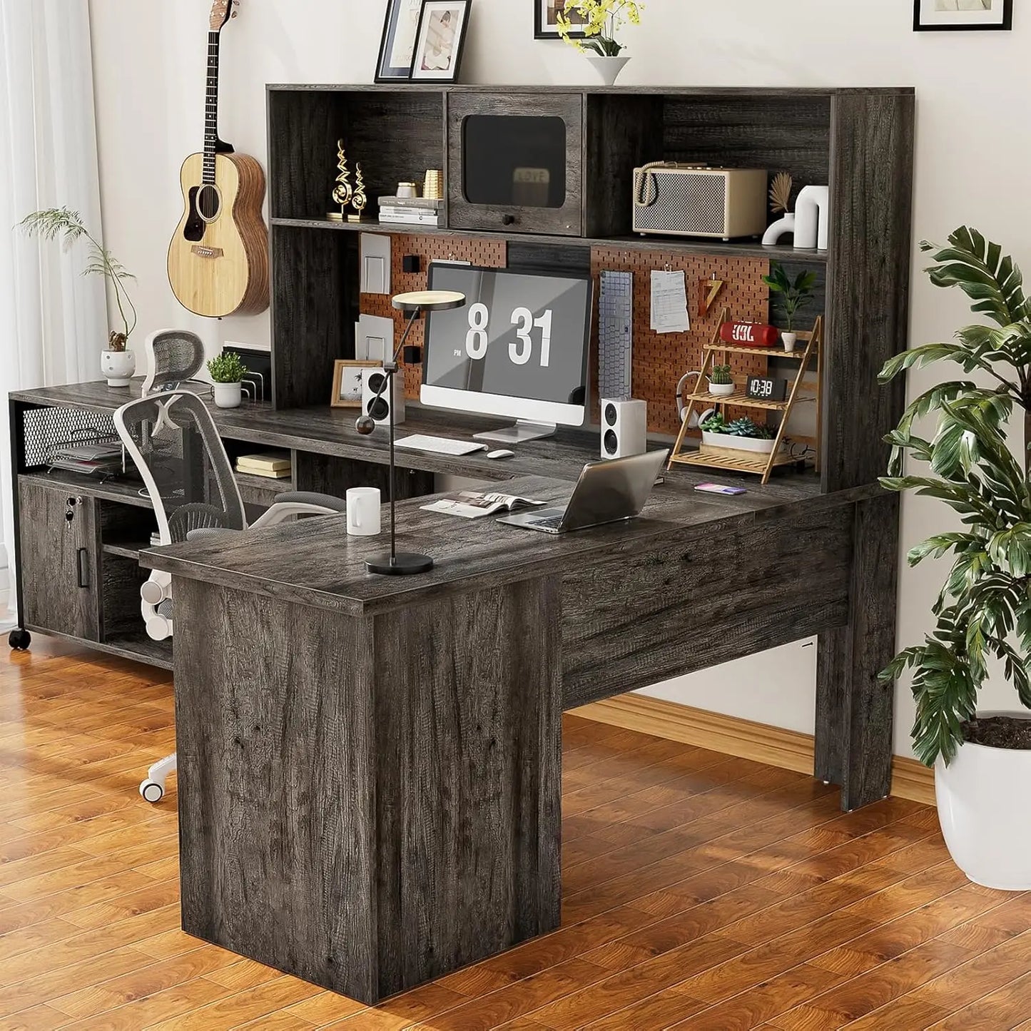 L-Shaped Desk with Hutch and Storage Cabinets
