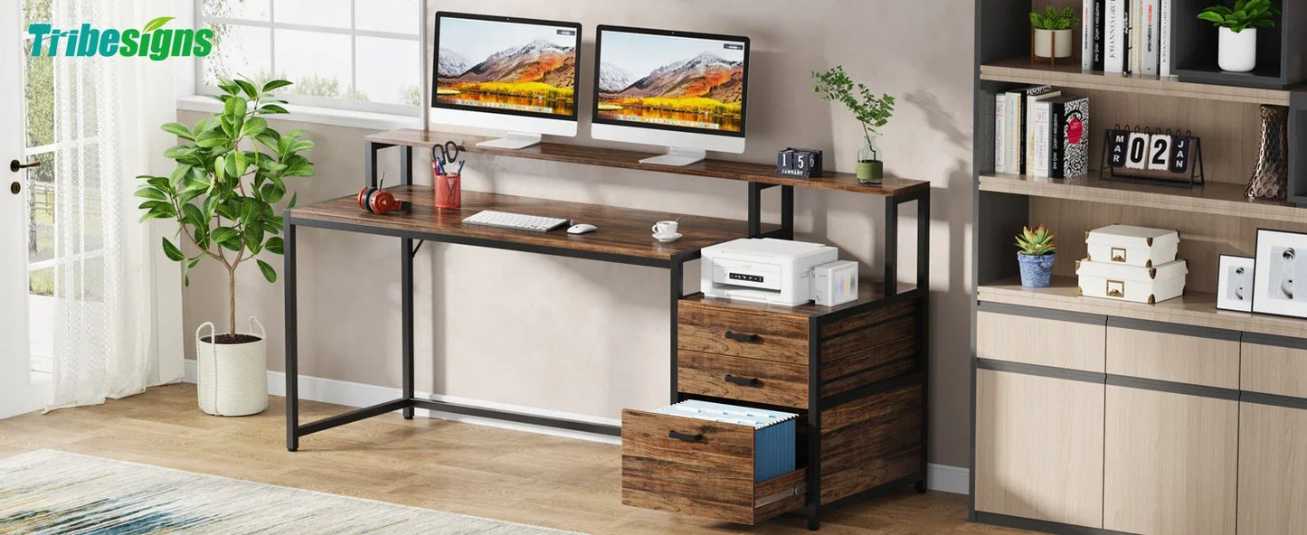Desk with Monitor Shelf and 3-Drawer Storage Cabinet