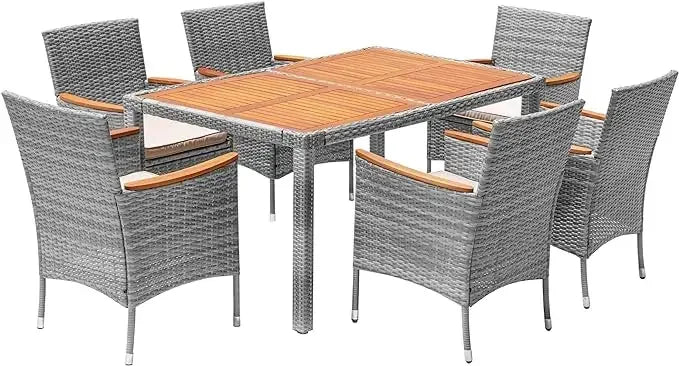 Patio Conversation Set with Acacia Wood Top, Rattan Outdoor Dining Table and Chairs for Backyard, Garden, Deck