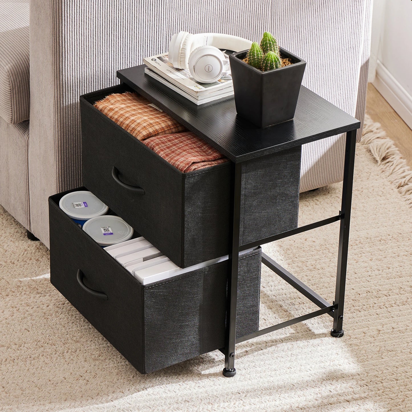Modern 2-Drawer Nightstand with Fabric Drawers