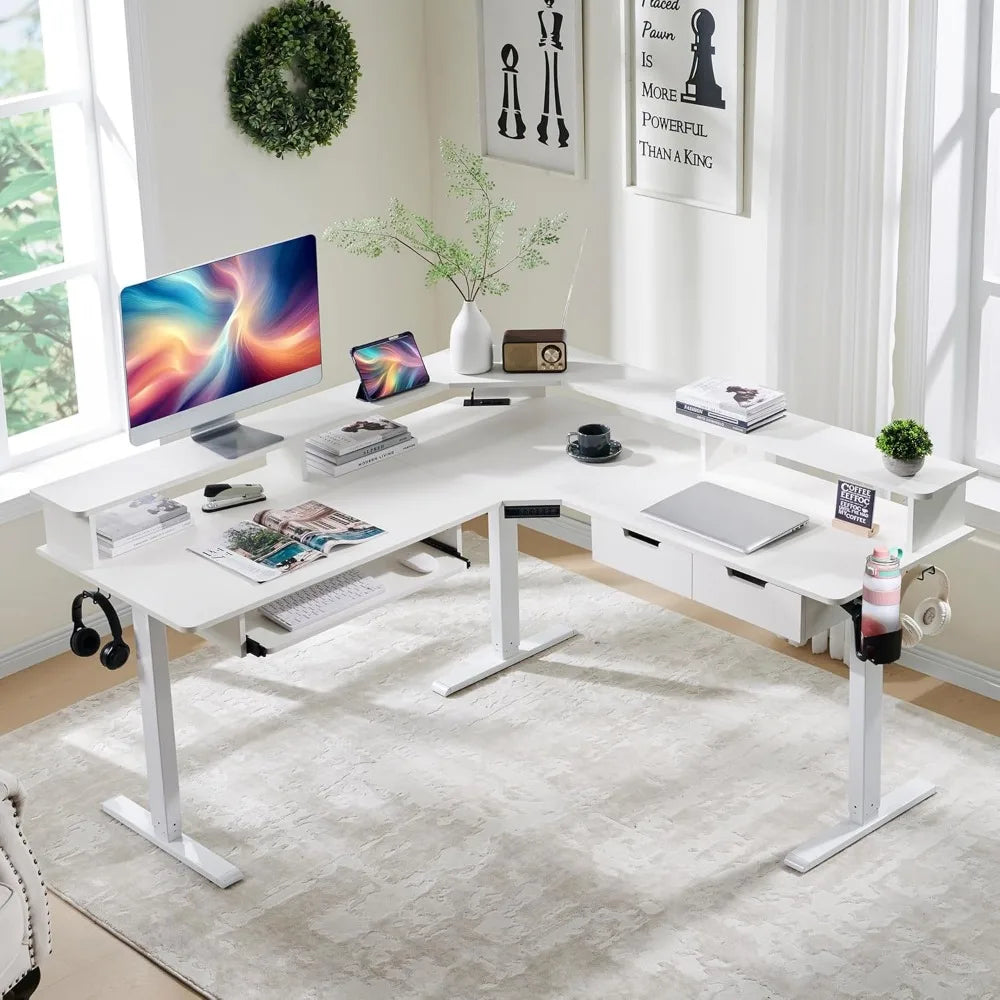 L-Shaped Electric Standing Desk, 60 inches Motor Height Adjustable Sit Stand Corner Desk with Led, Large Home Office Desk Compu