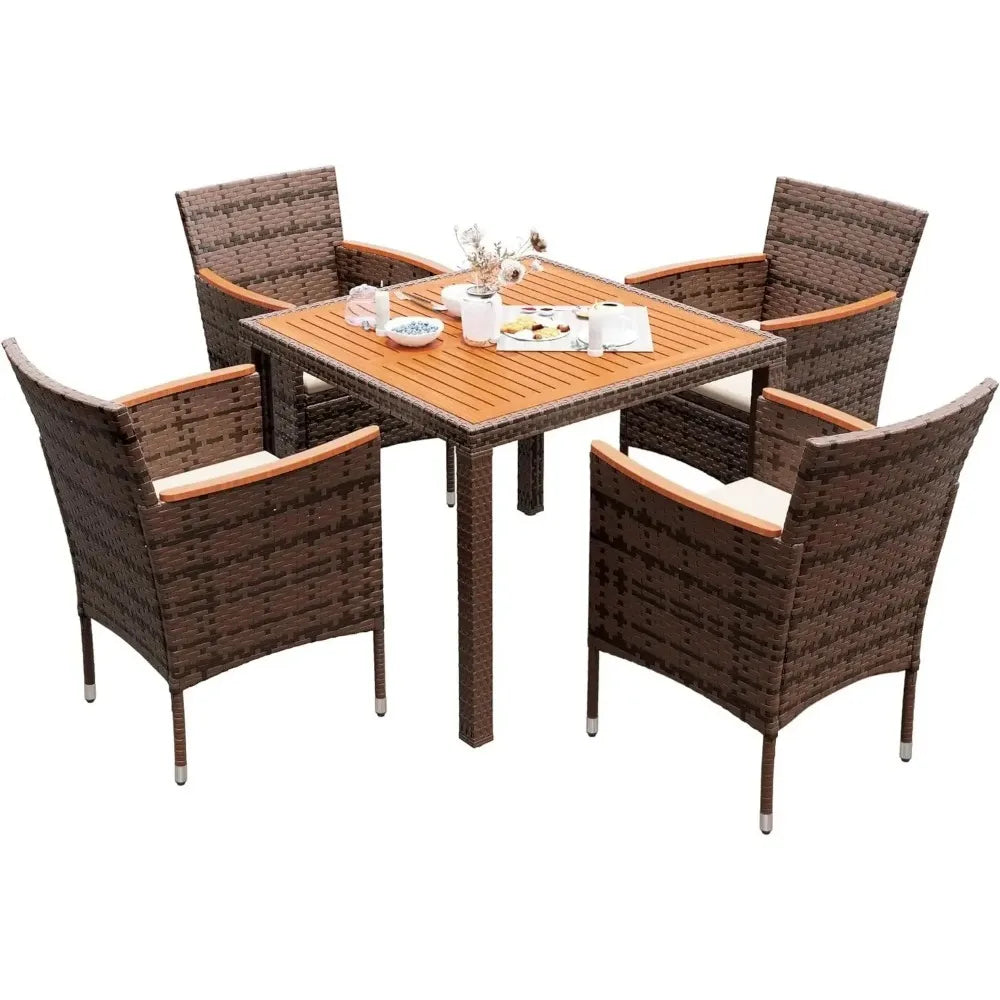 Patio Conversation Set with Acacia Wood Top, Rattan Outdoor Dining Table and Chairs for Backyard, Garden, Deck