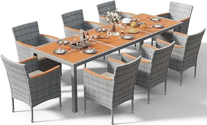 Patio Conversation Set with Acacia Wood Top, Rattan Outdoor Dining Table and Chairs for Backyard, Garden, Deck
