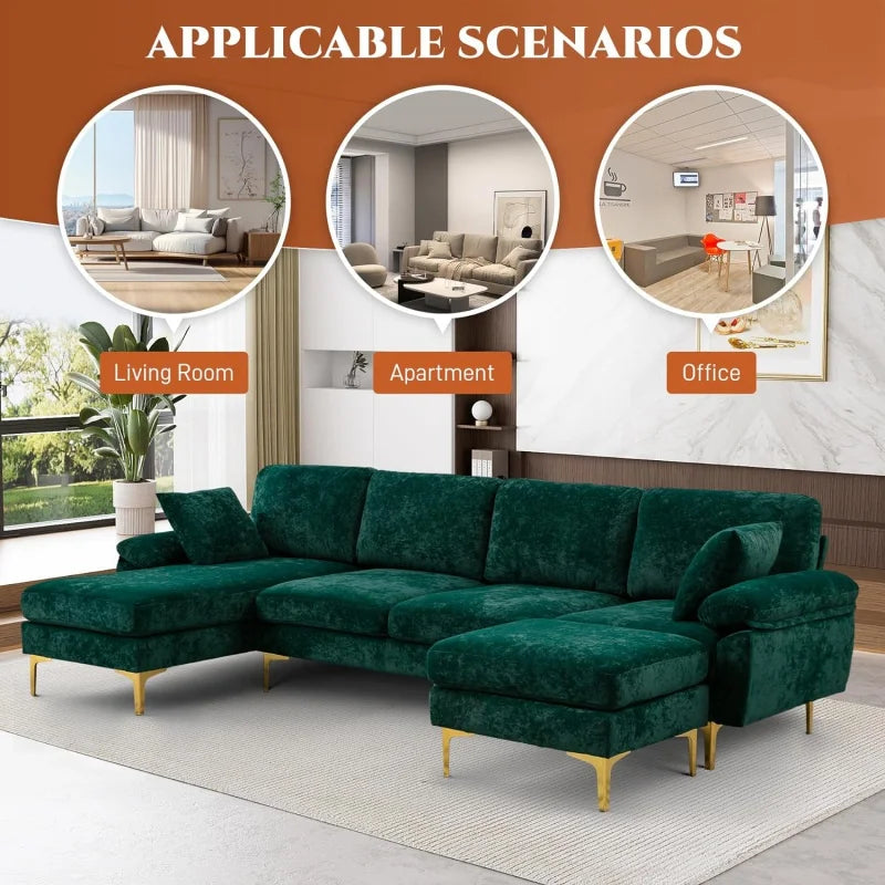 Emerald Green Velvet Sectional Sofa with Ottoman