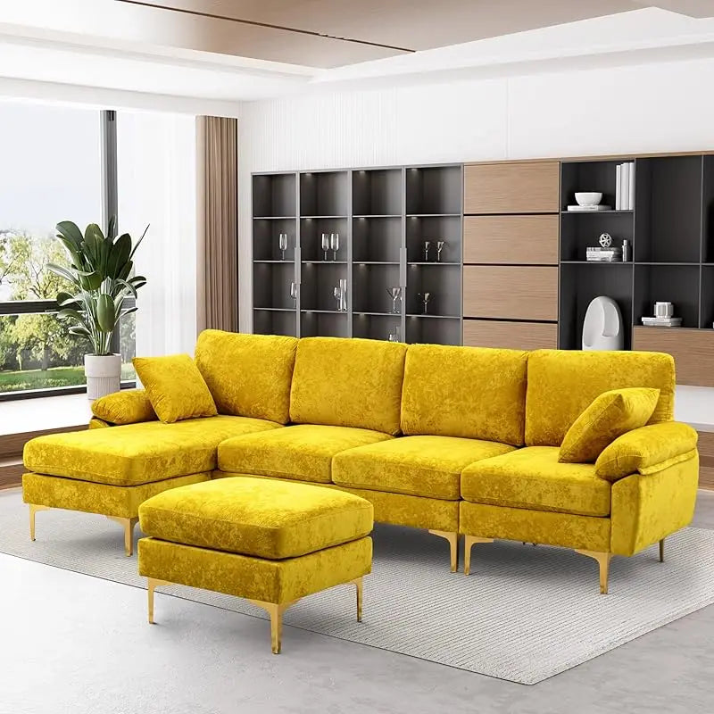 Emerald Green Velvet Sectional Sofa with Ottoman