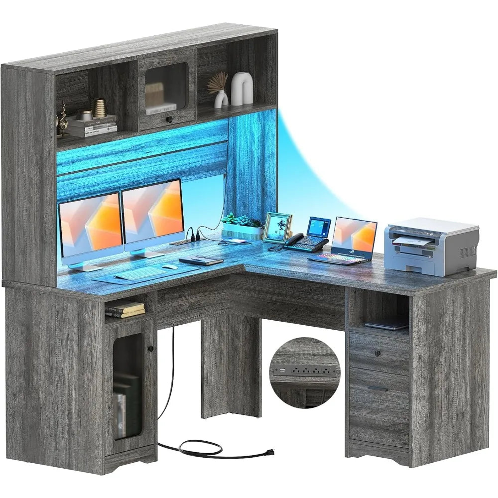 L-Shaped Desk with Hutch and Storage Cabinets