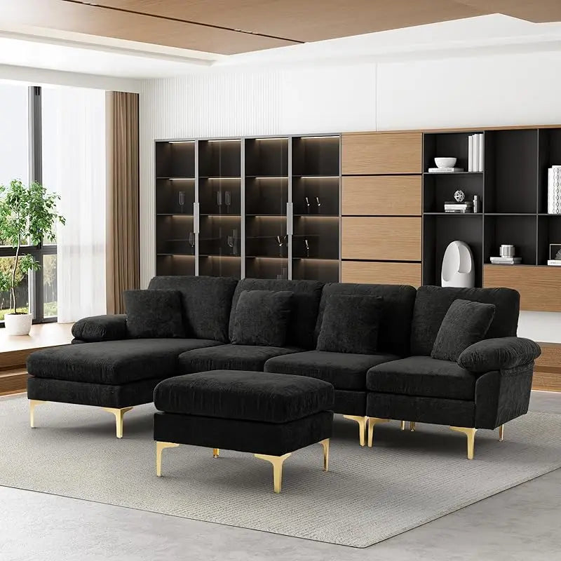 Emerald Green Velvet Sectional Sofa with Ottoman
