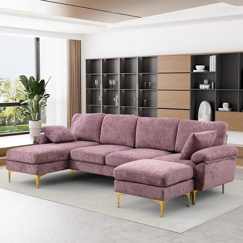 Emerald Green Velvet Sectional Sofa with Ottoman