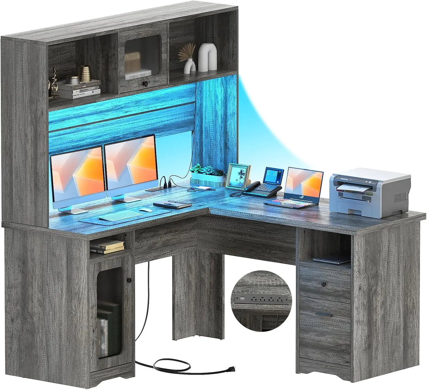 L-Shaped Desk with Hutch and Storage Cabinets