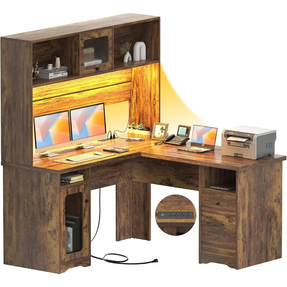 L-Shaped Desk with Hutch and Storage Cabinets