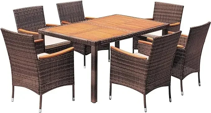 Patio Conversation Set with Acacia Wood Top, Rattan Outdoor Dining Table and Chairs for Backyard, Garden, Deck