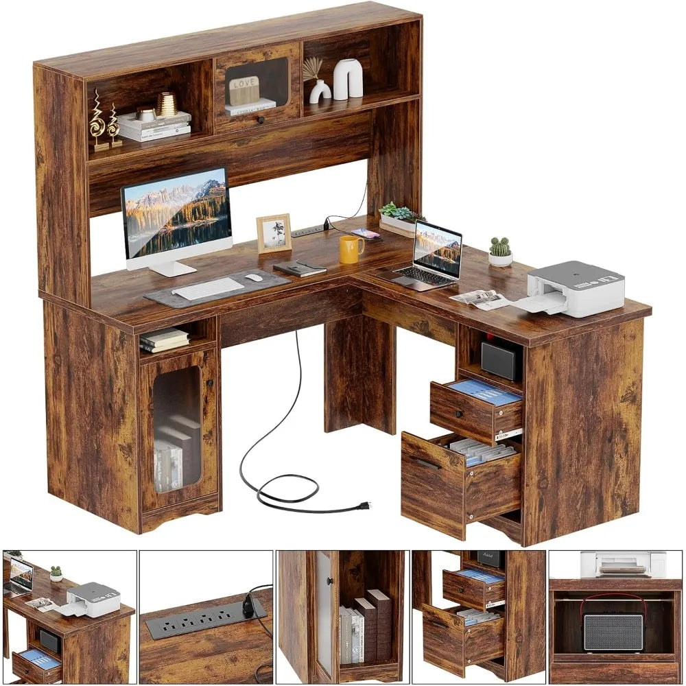 L-Shaped Desk with Hutch and Storage Cabinets