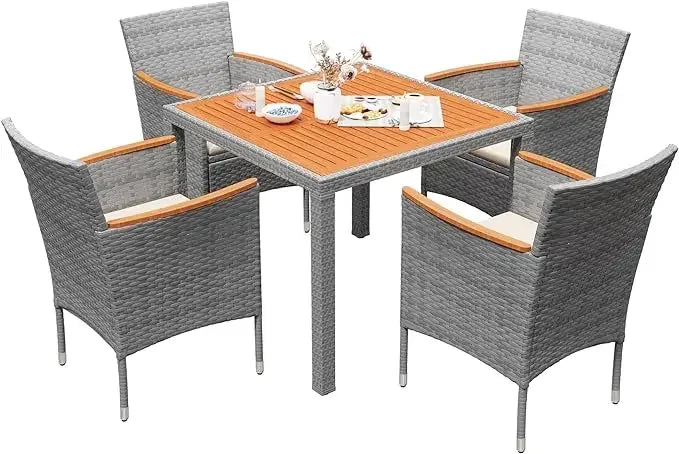 Patio Conversation Set with Acacia Wood Top, Rattan Outdoor Dining Table and Chairs for Backyard, Garden, Deck