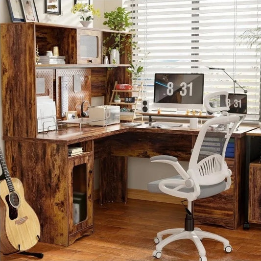 L-Shaped Desk with Hutch and Storage Cabinets