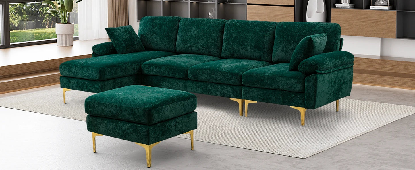Emerald Green Velvet Sectional Sofa with Ottoman