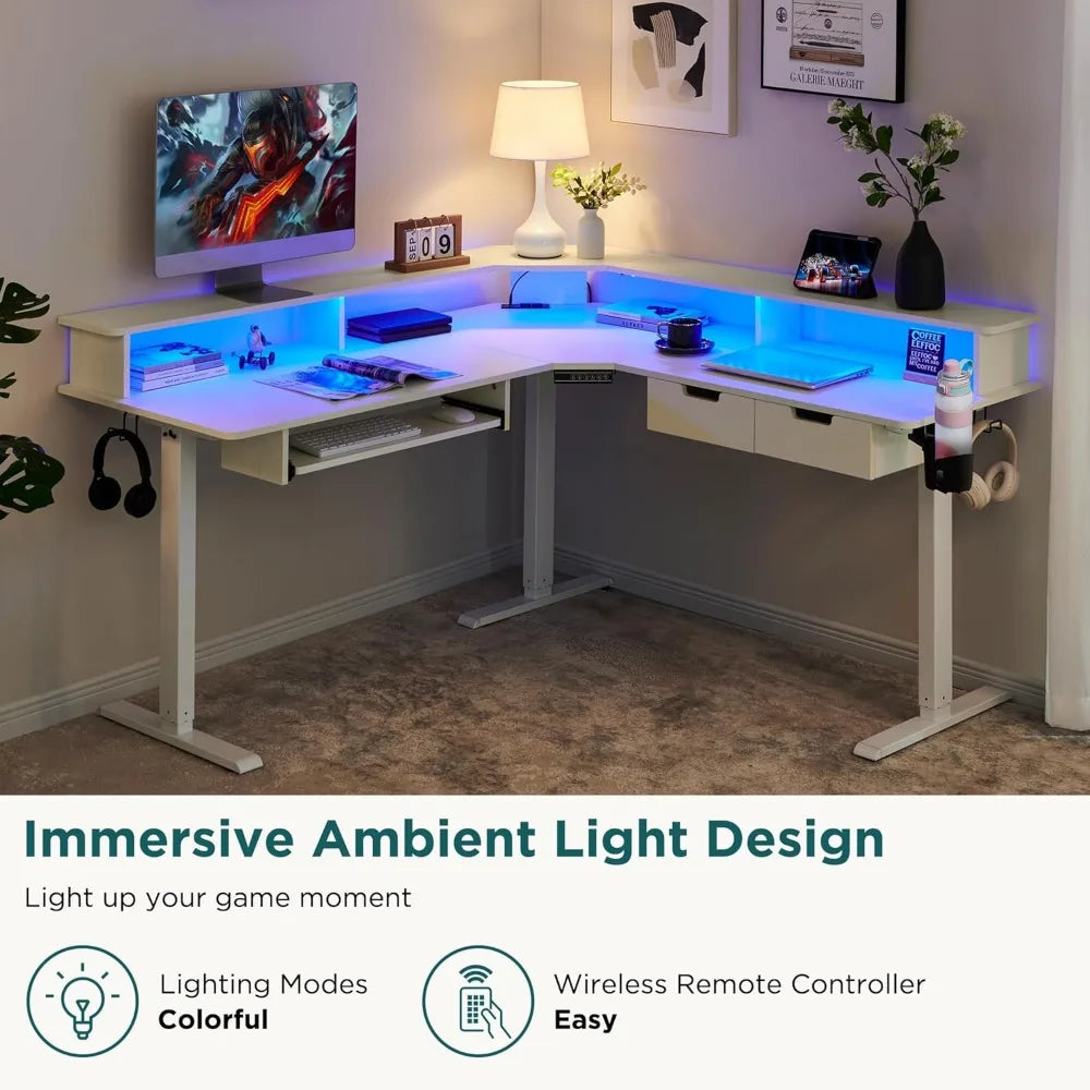 L-Shaped Electric Standing Desk, 60 inches Motor Height Adjustable Sit Stand Corner Desk with Led, Large Home Office Desk Compu