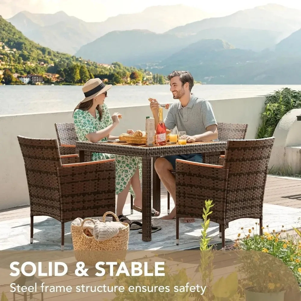 Patio Conversation Set with Acacia Wood Top, Rattan Outdoor Dining Table and Chairs for Backyard, Garden, Deck
