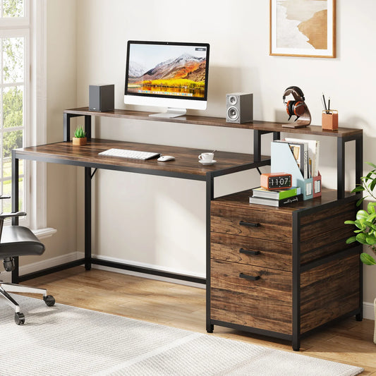 Desk with Monitor Shelf and 3-Drawer Storage Cabinet
