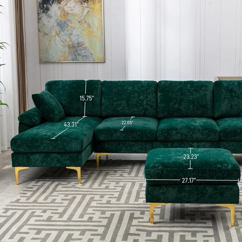 Emerald Green Velvet Sectional Sofa with Ottoman