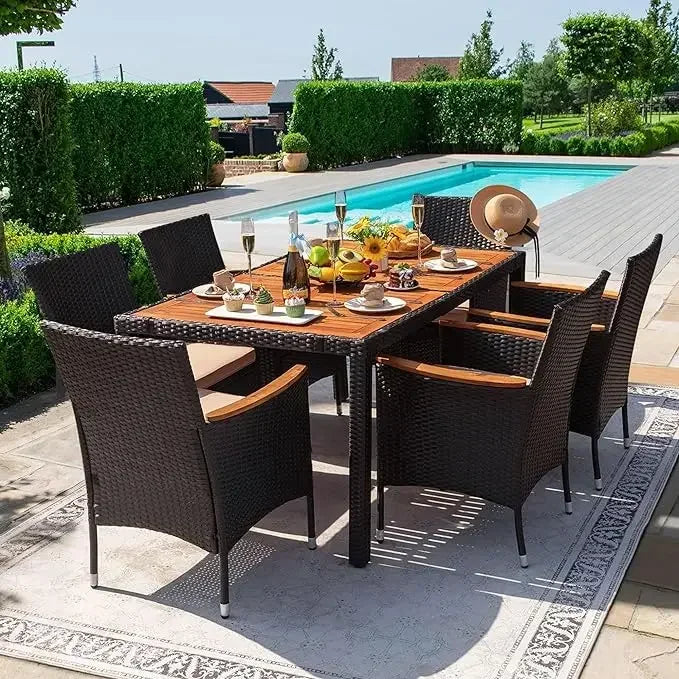 Patio Conversation Set with Acacia Wood Top, Rattan Outdoor Dining Table and Chairs for Backyard, Garden, Deck