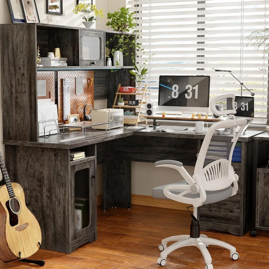 L-Shaped Desk with Hutch and Storage Cabinets